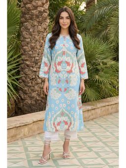 W - Blue Lace Work Trim Straight Kurta