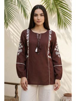 W - Brown Floral Embroidered Straight Kurti
