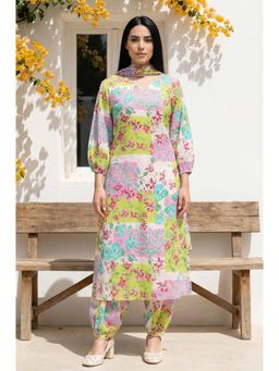 W - Multi-Colour Floral Beadwork Modal Straight Kurta with Salwar & Dupatta