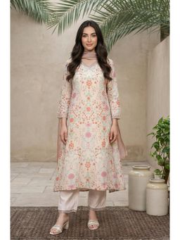 W - Cream Floral Printed Tissue A Line Kurta with Pant & Dupatta