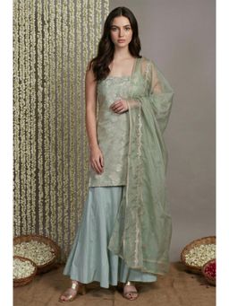 W - Green Jacquard Straight Kurta with Sharara & Dupatta