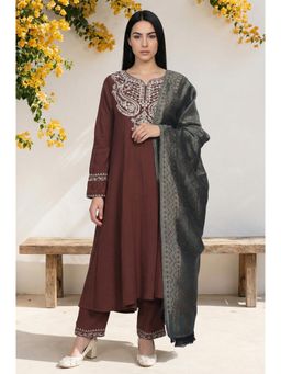 W - Brown Sequins Rayon Blend A Line Kurta with Pant & Dupatta