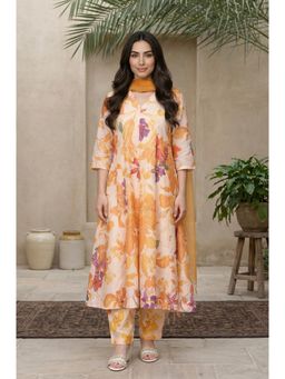 W - Cream Floral Printed A Line Kurta with Pant & Dupatta