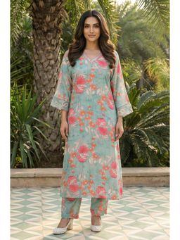 W - Green Floral Printed Modal Straight Kurta with Pant