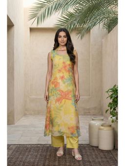 W - Yellow Floral Printed Straight Kurta with Pant & Dupatta