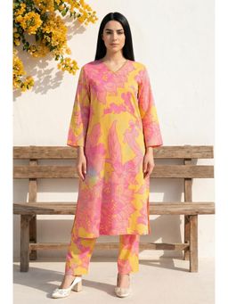 W - Yellow Floral Printed Modal Straight Kurta with Pant