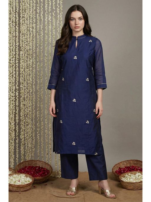 W Navy Blue Straight Kurta with Straight Pant and Dupatta