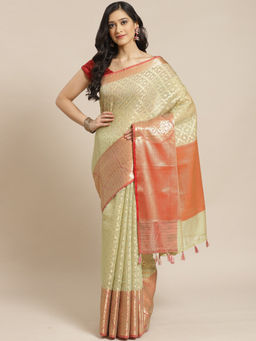 Indethnic - Banarasi Beige Woven Design Festive Wear Saree With Unstitched Blouse
