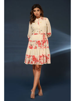 Zolo Label - Cream Pink Printed Flared Cotton Knee Length (Set of 2)