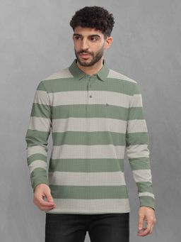 BULLMER - Green Striped Polo Neck T-Shirt with Rib for Men.