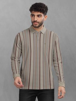 BULLMER - Beige Striped Polo Neck T-Shirt with Rib for Men.