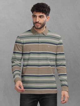 BULLMER - Green Striped Polo Neck T-Shirt with Rib for Men.