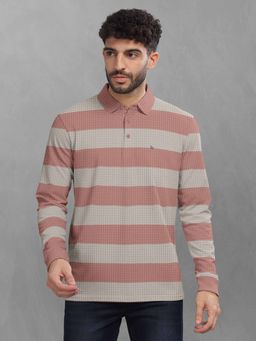 BULLMER - Pink Striped Polo Neck T-Shirt with Rib for Men.