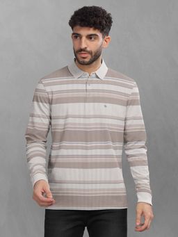 BULLMER - Beige Striped Polo Neck T-Shirt with Rib for Men.