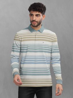 BULLMER - Mint Green Striped Polo Neck T-Shirt with Rib for Men.