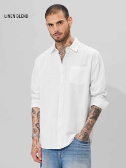 The Souled Store - Solids: Pearl White Cotton Linen Shirts