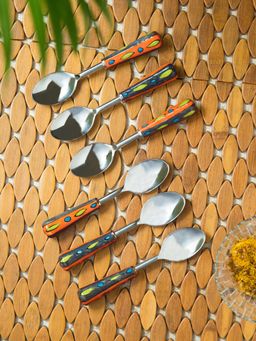 ExclusiveLane - 'The Mughal Aakar' Hand-Painted Table Spoons In Stainless Steel & Ceramic (Set of 6)