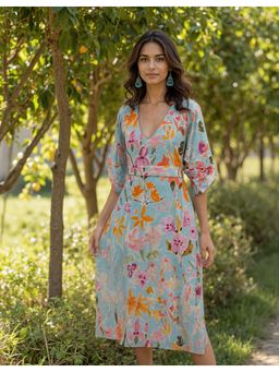 Naava - Blue Handwoven Muslin Floral Print Dress