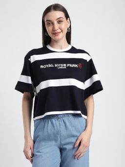 R&B - Women's Navy Blue Stripes Boxy T-Shirt