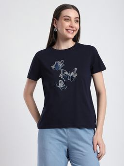 R&B - Women's Navy Blue Graphic Regular T-Shirt