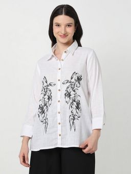 R&B - Women White Cotton Embroidered Shirt