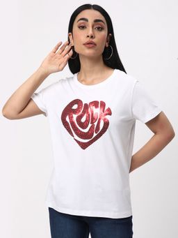 R&B - Women White Embellished Regular Women T-Shirt