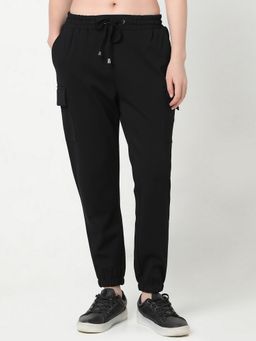 R&B - Women Black Tapered Solid Joggers