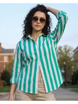 Bewakoof - Women Green and White Striped Oversized Shirt