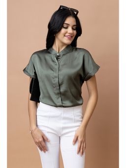 PURYS - Mandarin Collar Casual Satin Green Shirt