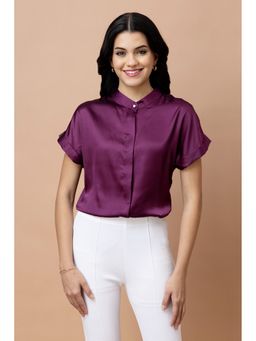 PURYS - Mandarin Collar Casual Satin Purple Shirt
