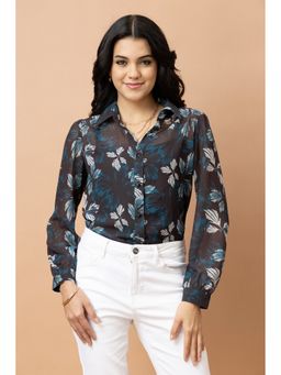PURYS - Floral Printed Casual Black Shirt