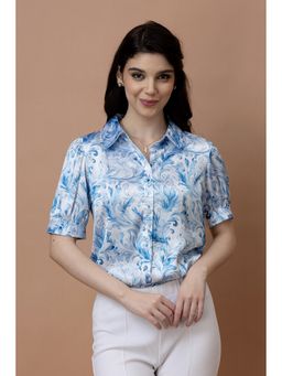 PURYS - Floral Cuffed Sleeves Casual Blue Shirt