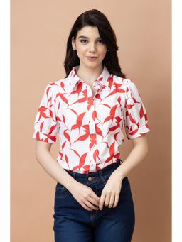 PURYS - Abstract Printed Cuffed Sleeves Casual White Shirt