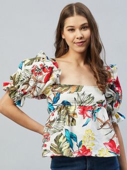 DELAN - Women Multi-Color Linen Floral Top