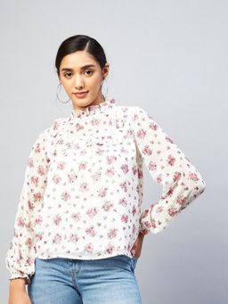 DELAN - Women White Nylon Floral Top