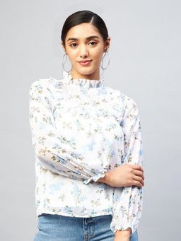 DELAN - Women White Nylon Floral Top