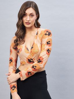 DELAN - Women Orange Nylon Floral Crop Top