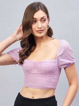 DELAN - Women Lavender Nylon Solid Crop Top