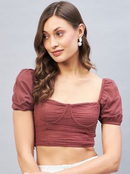 DELAN - Women Peach Nylon Solid Crop Top