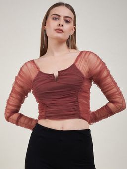 DELAN - Women Peach Nylon Solid Crop Top