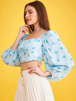 DELAN - Women Blue Viscose Rayon Floral Crop Top