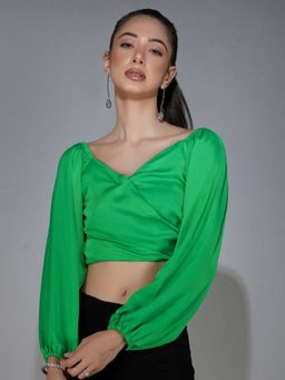 DELAN - Women Green Satin Solid Crop Top