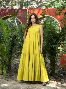 Mabish By Sonal Jain - Green Pure Cotton Layered Flare Dress