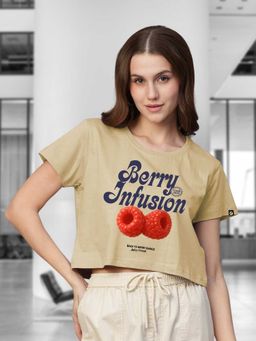 PRONK - Women Beige Cotton Graphic Crop Top