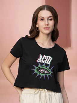 PRONK - Women Black Cotton Graphic T-shirt
