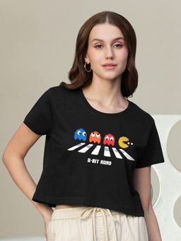 PRONK - Women Black Cotton Graphic Crop Top