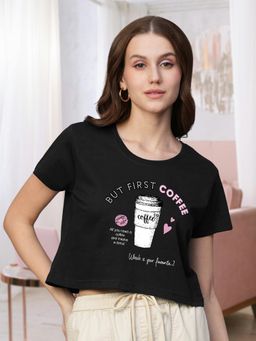 PRONK - Women Black Cotton Graphic Crop Top