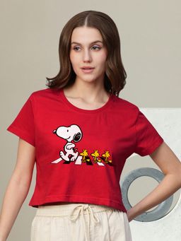 PRONK - Women Red Cotton Graphic Crop Top