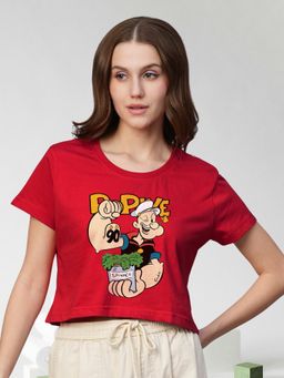 PRONK - Women Red Cotton Graphic Crop Top