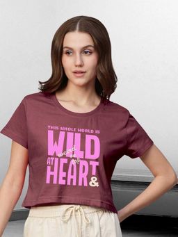 PRONK - Women Mauve Cotton Graphic Crop Top